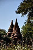 The cluster of red brick temples, named Khay-min-gha on the map on the North plain of Bagan. Myanmar. 